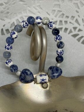 FRENCH COUNTRYSIDE Genuine Sodalite & Porcelain Bracelet Heirloom Romantic Boho